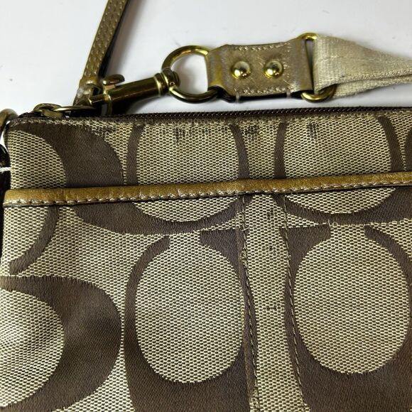 Coach Tan Brown Signature Canvas Champagne Gold Stripe Small Crossbody Bag - Picture 5 of 13